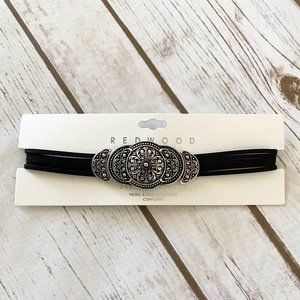 New Redwood Women's Black Suede Layered Choker Necklace Filigree Design Brooch